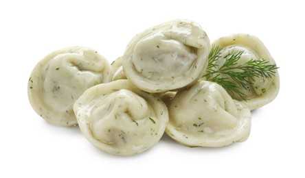 Photo of Delicious dumplings (pelmeni) with spices isolated on white