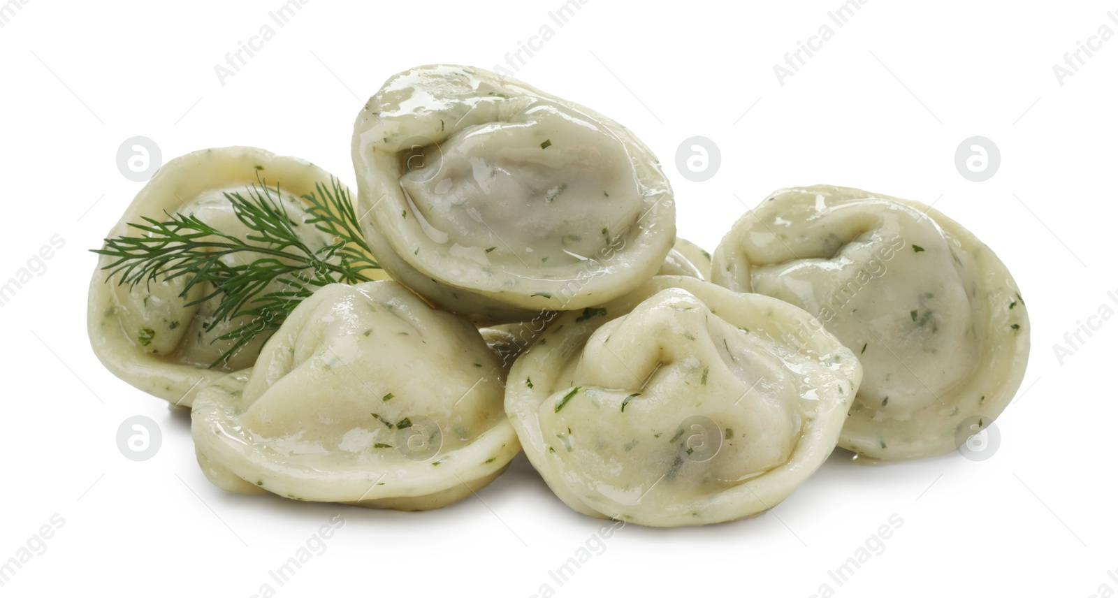 Photo of Delicious dumplings (pelmeni) with spices isolated on white