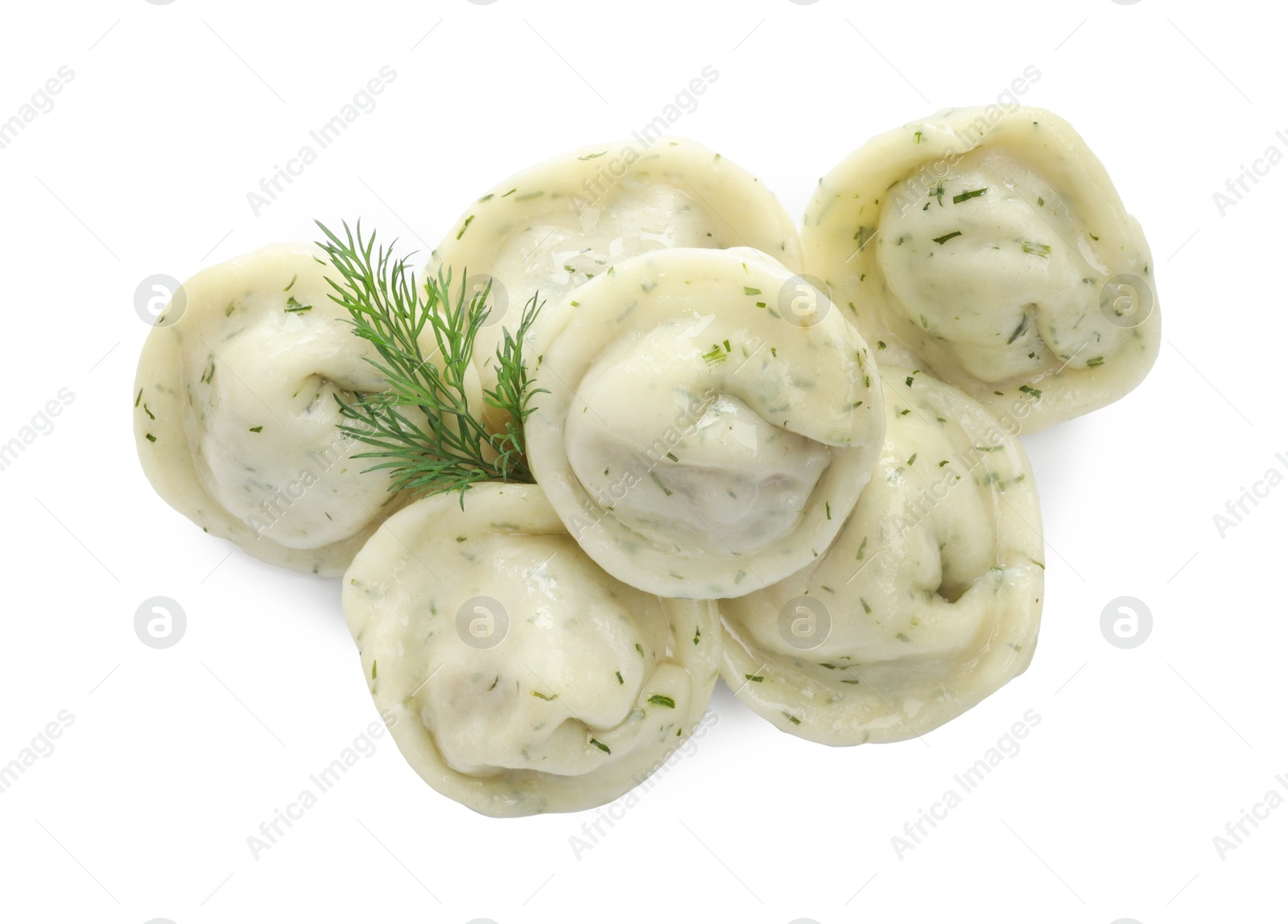 Photo of Delicious dumplings (pelmeni) with spices isolated on white, top view