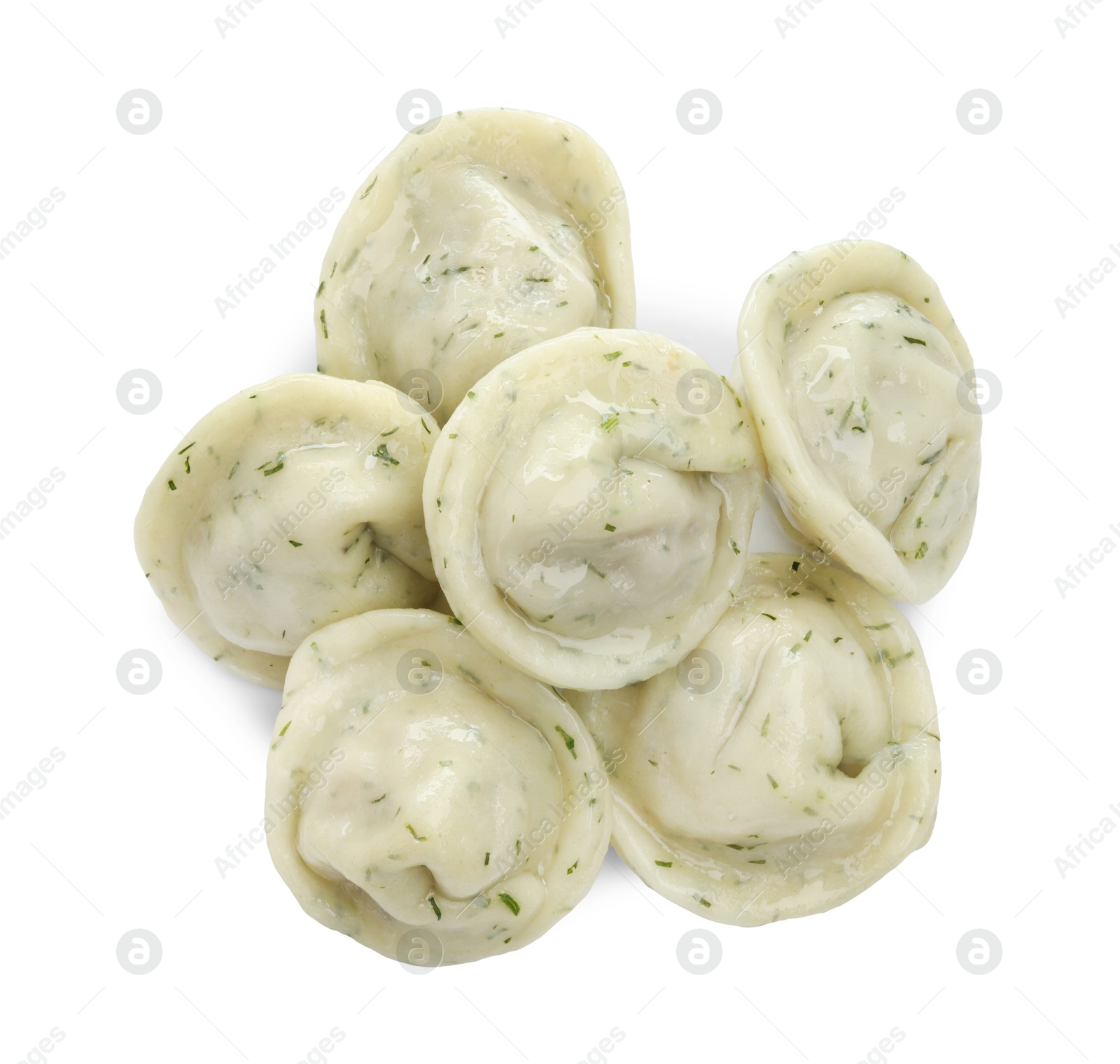 Photo of Delicious dumplings (pelmeni) with spices isolated on white, top view