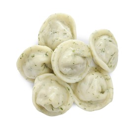 Photo of Delicious dumplings (pelmeni) with spices isolated on white, top view