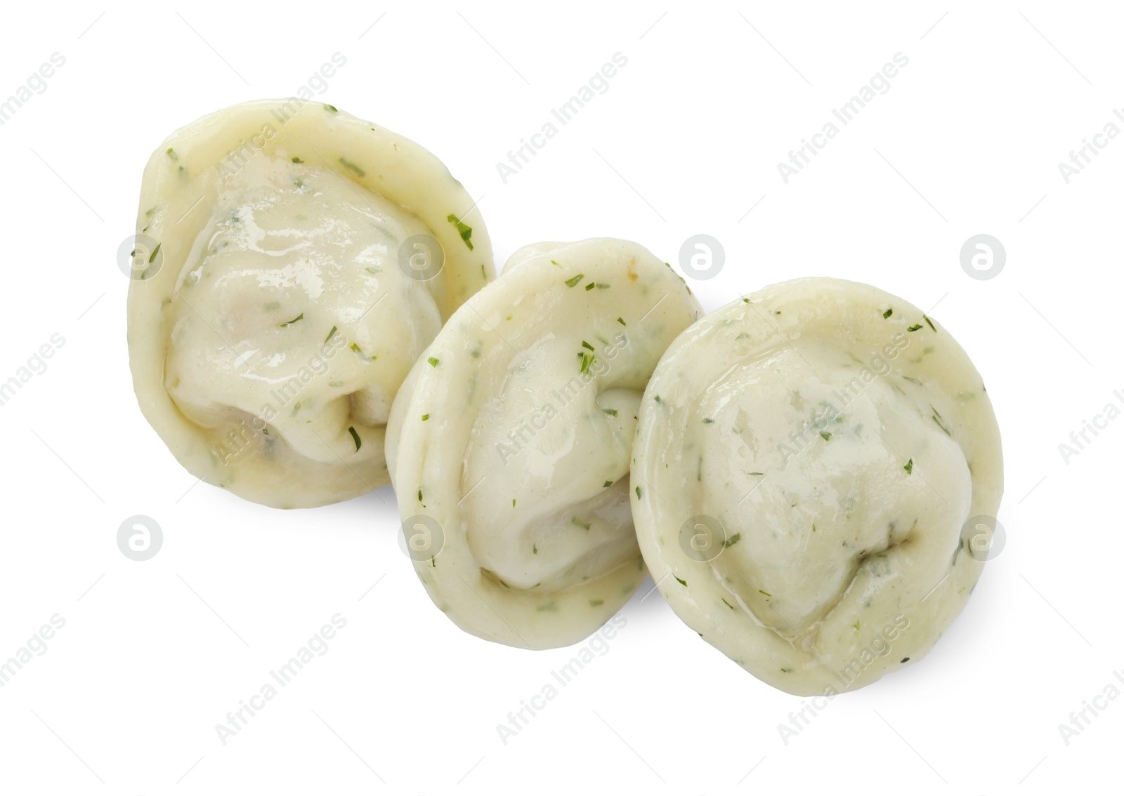 Photo of Delicious dumplings (pelmeni) with spices isolated on white