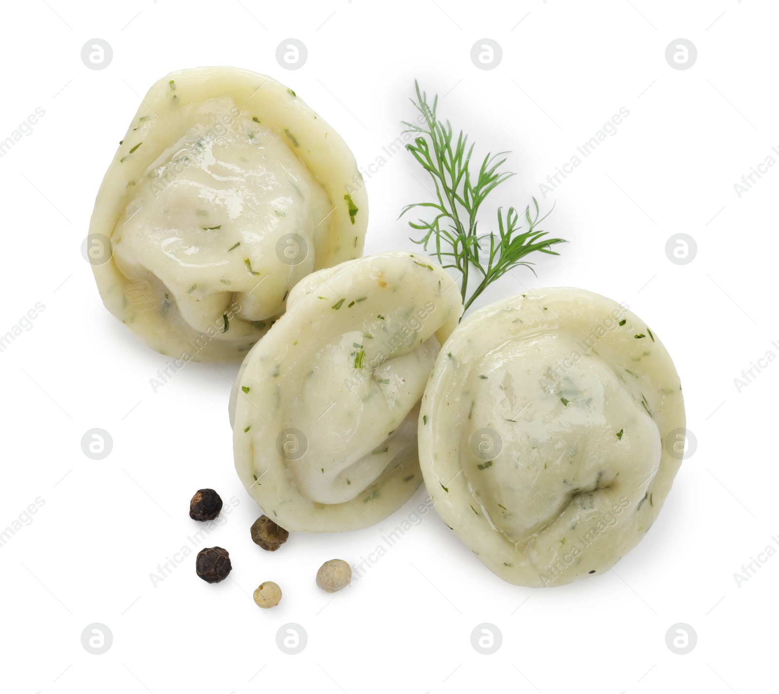 Photo of Delicious dumplings with spices isolated on white, top view