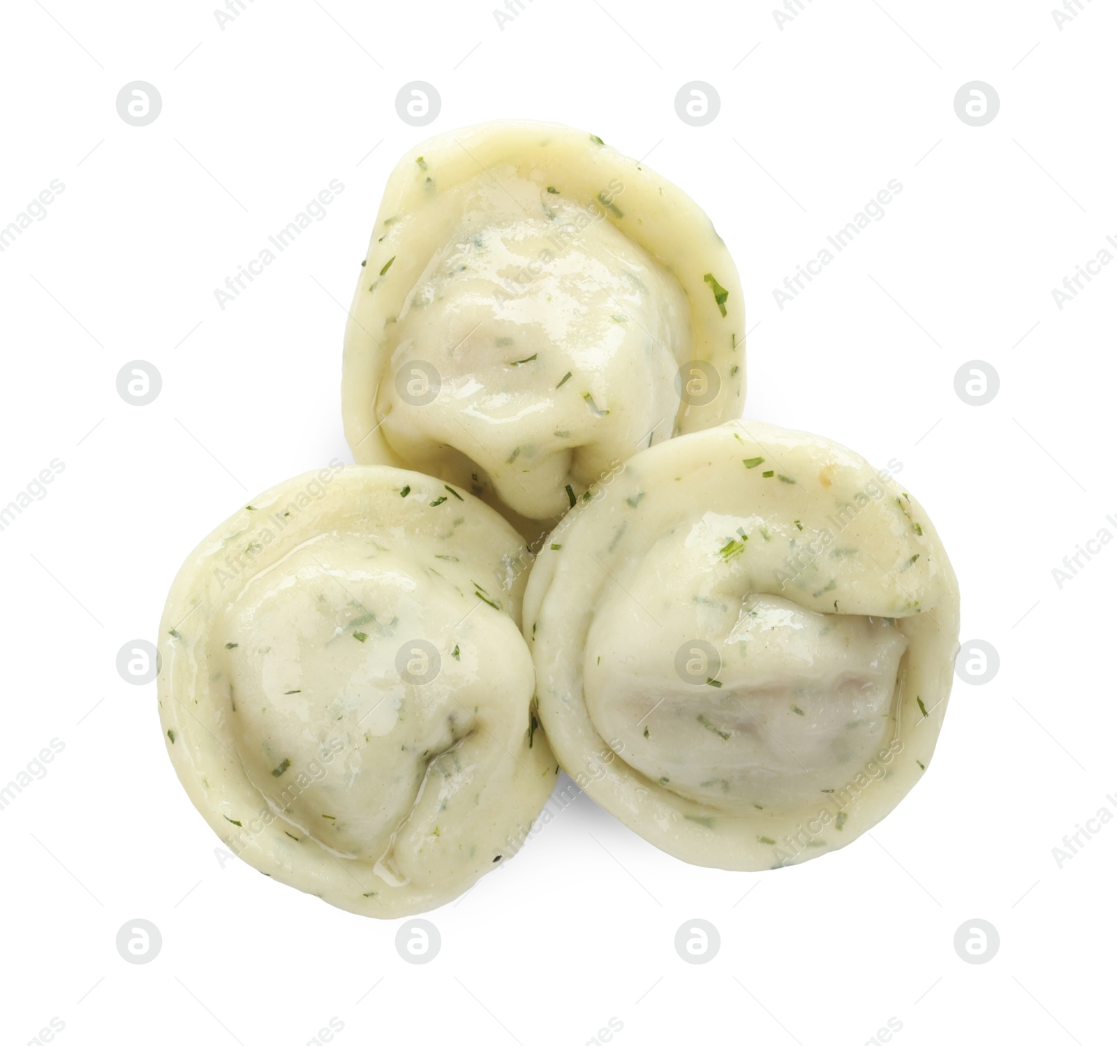 Photo of Delicious dumplings with spices isolated on white, top view