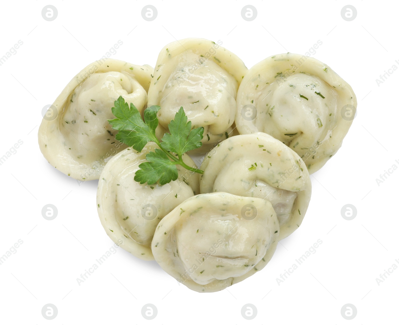 Photo of Delicious dumplings with spices isolated on white, top view