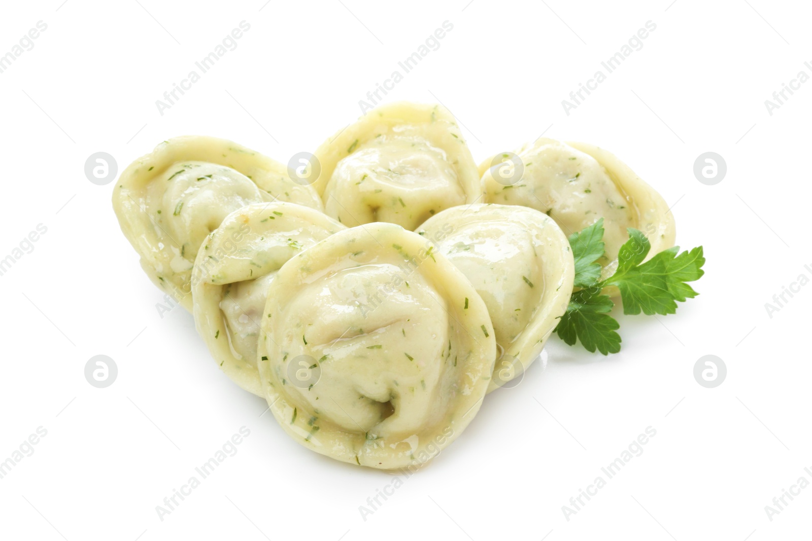 Photo of Delicious dumplings with spices isolated on white