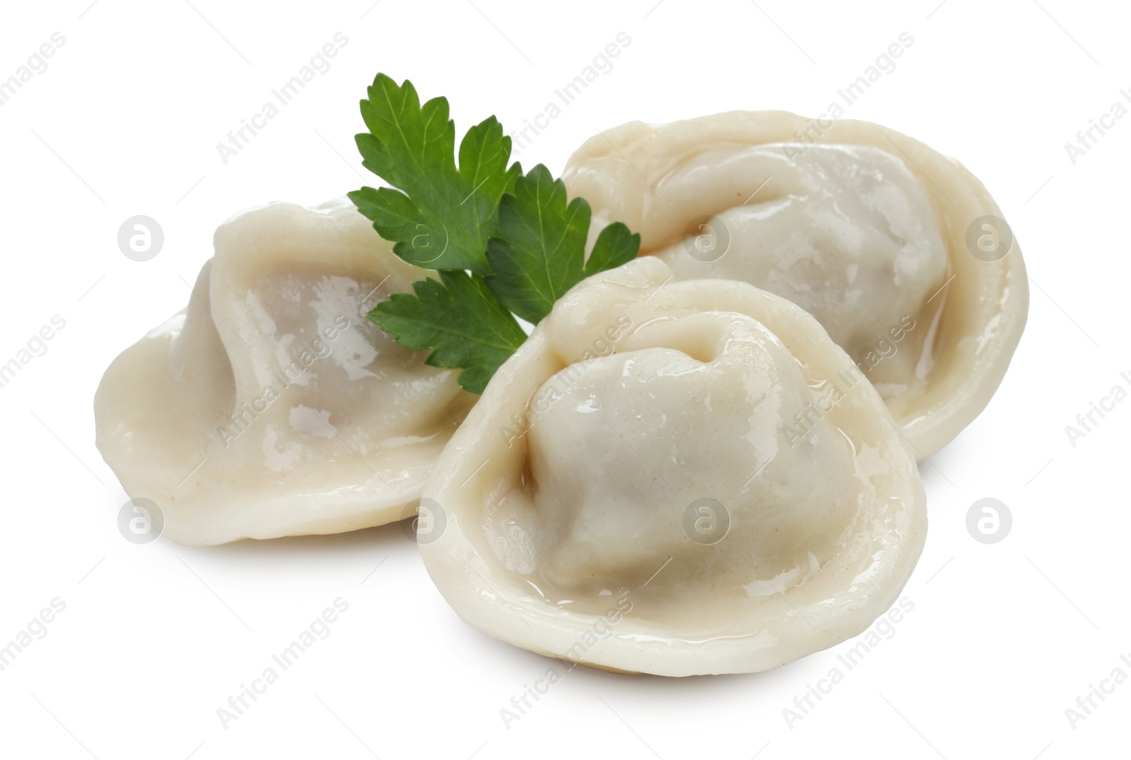 Photo of Delicious boiled dumplings with fresh parsley isolated on white