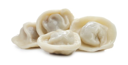 Photo of Delicious boiled dumplings (pelmeni) isolated on white