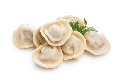 Photo of Delicious boiled dumplings with fresh parsley isolated on white