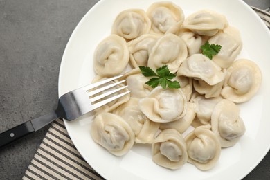 Photo of Delicious dumplings served on grey table, flat lay