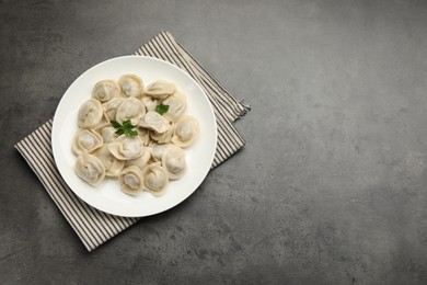 Photo of Delicious dumplings with fresh parsley on grey table, top view. Space for text