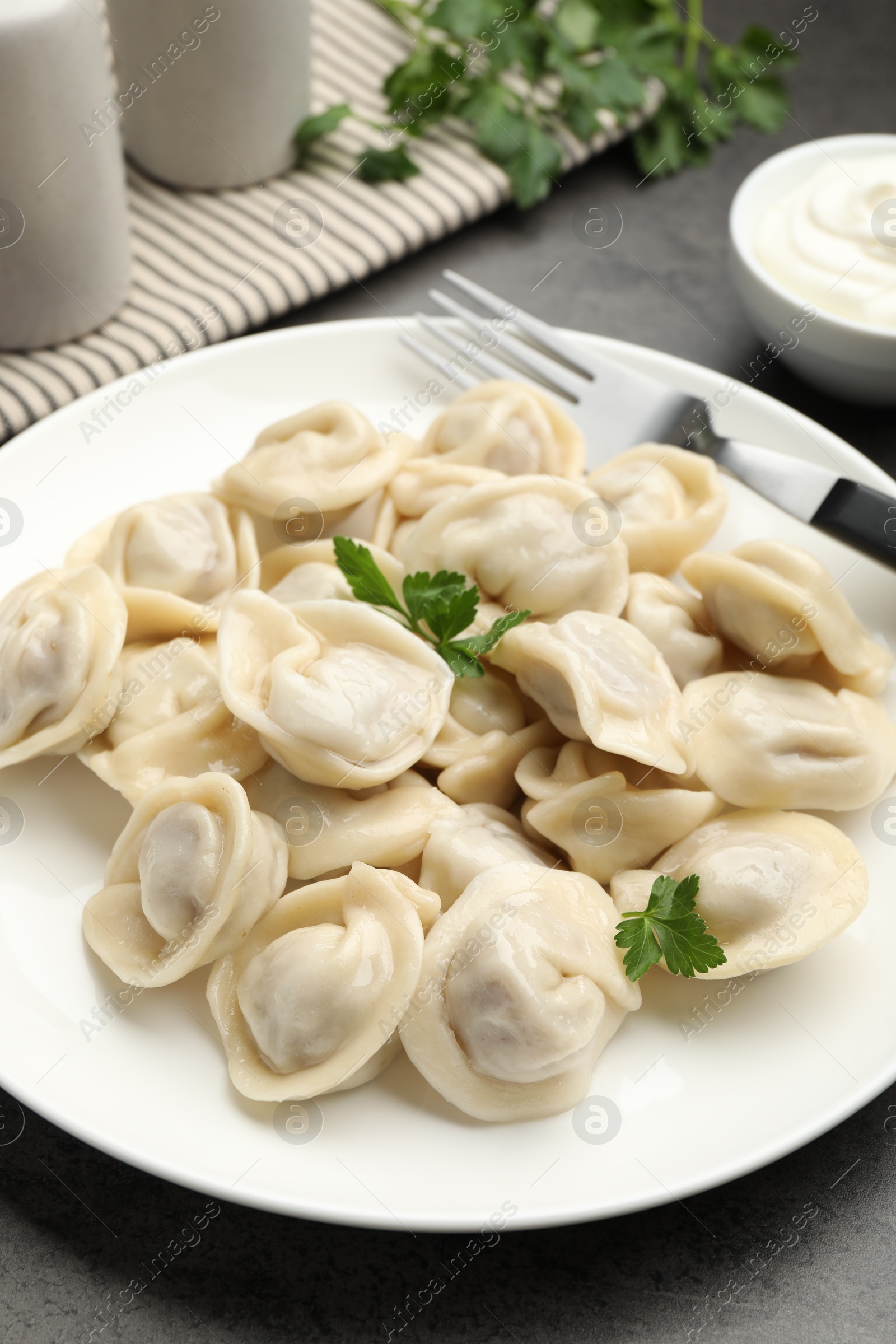 Photo of Delicious dumplings with fresh parsley served on grey table, closeup