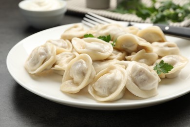 Photo of Delicious dumplings with fresh parsley served on grey table, closeup