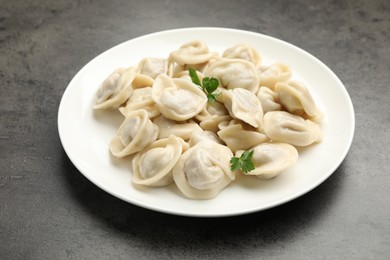 Photo of Delicious dumplings with fresh parsley on grey table, closeup