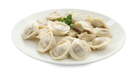 Photo of Delicious dumplings with fresh parsley isolated on white