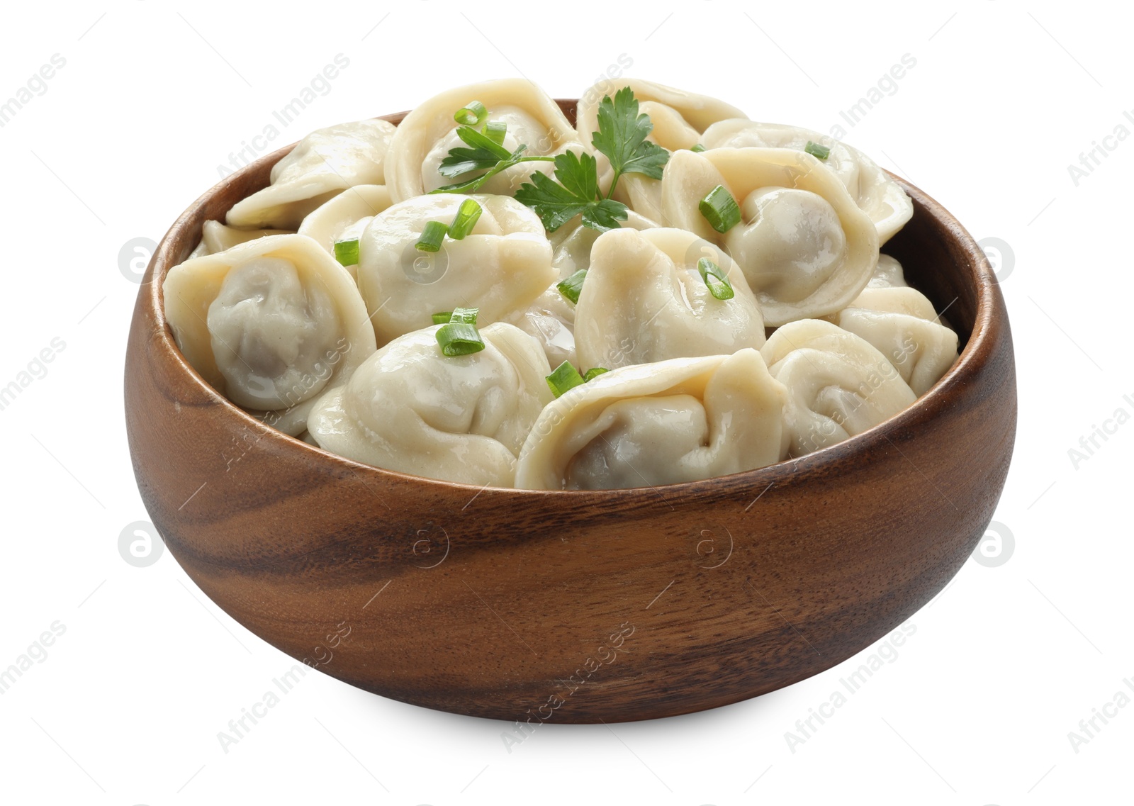 Photo of Delicious dumplings with fresh green onion and parsley in bowl isolated on white