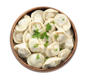 Photo of Delicious dumplings with fresh green onion and parsley in bowl isolated on white, top view