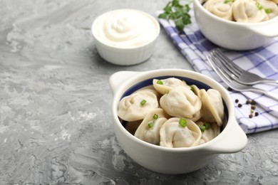 Photo of Delicious dumplings served on grey table, space for text