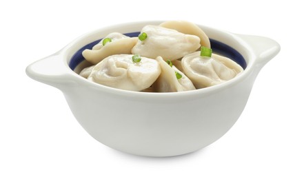 Photo of Delicious dumplings (pelmeni) with green onion in bowl isolated on white