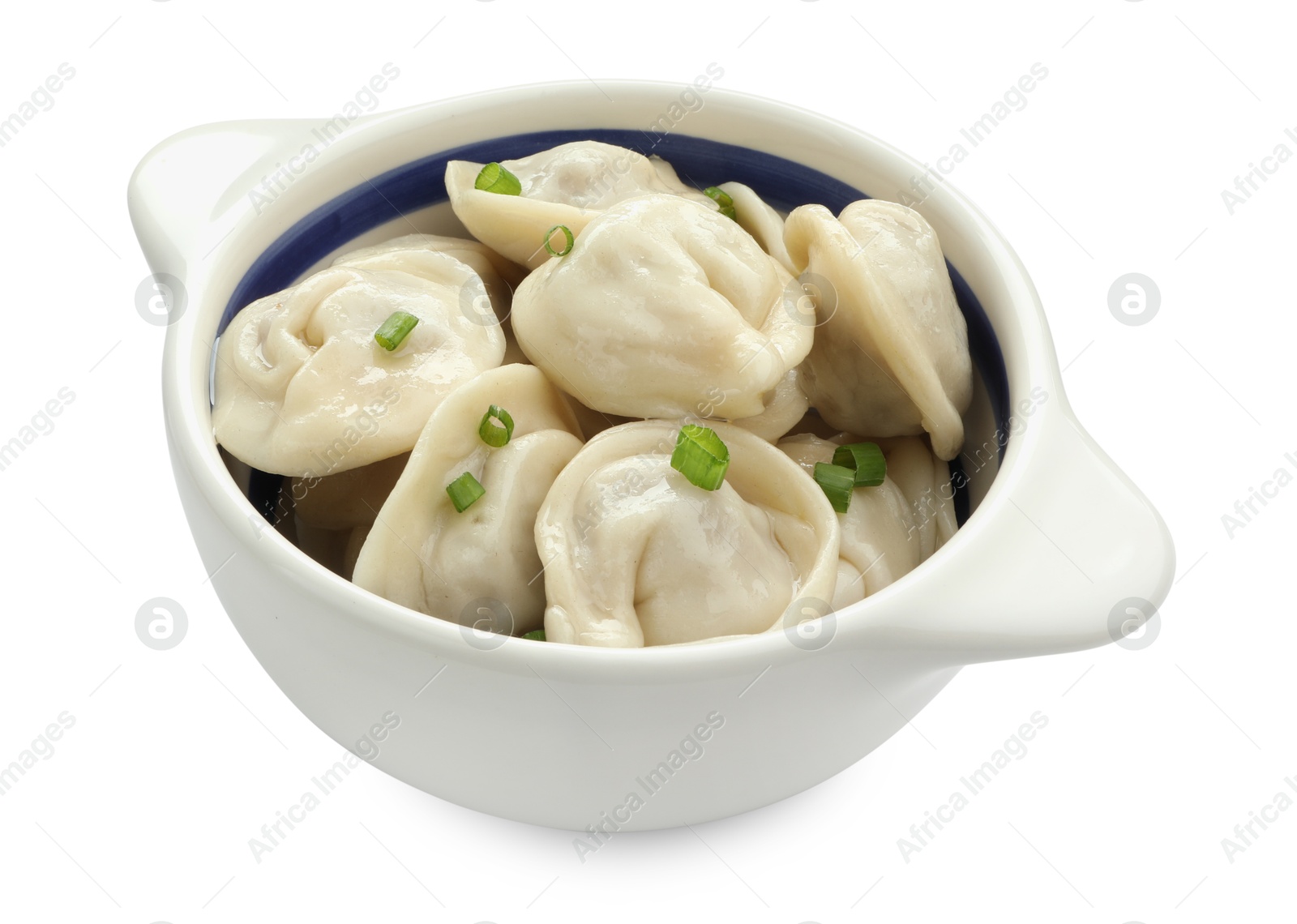 Photo of Delicious dumplings (pelmeni) with green onion in bowl isolated on white