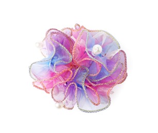 Photo of One beautiful colorful hair scrunchie isolated on white, top view