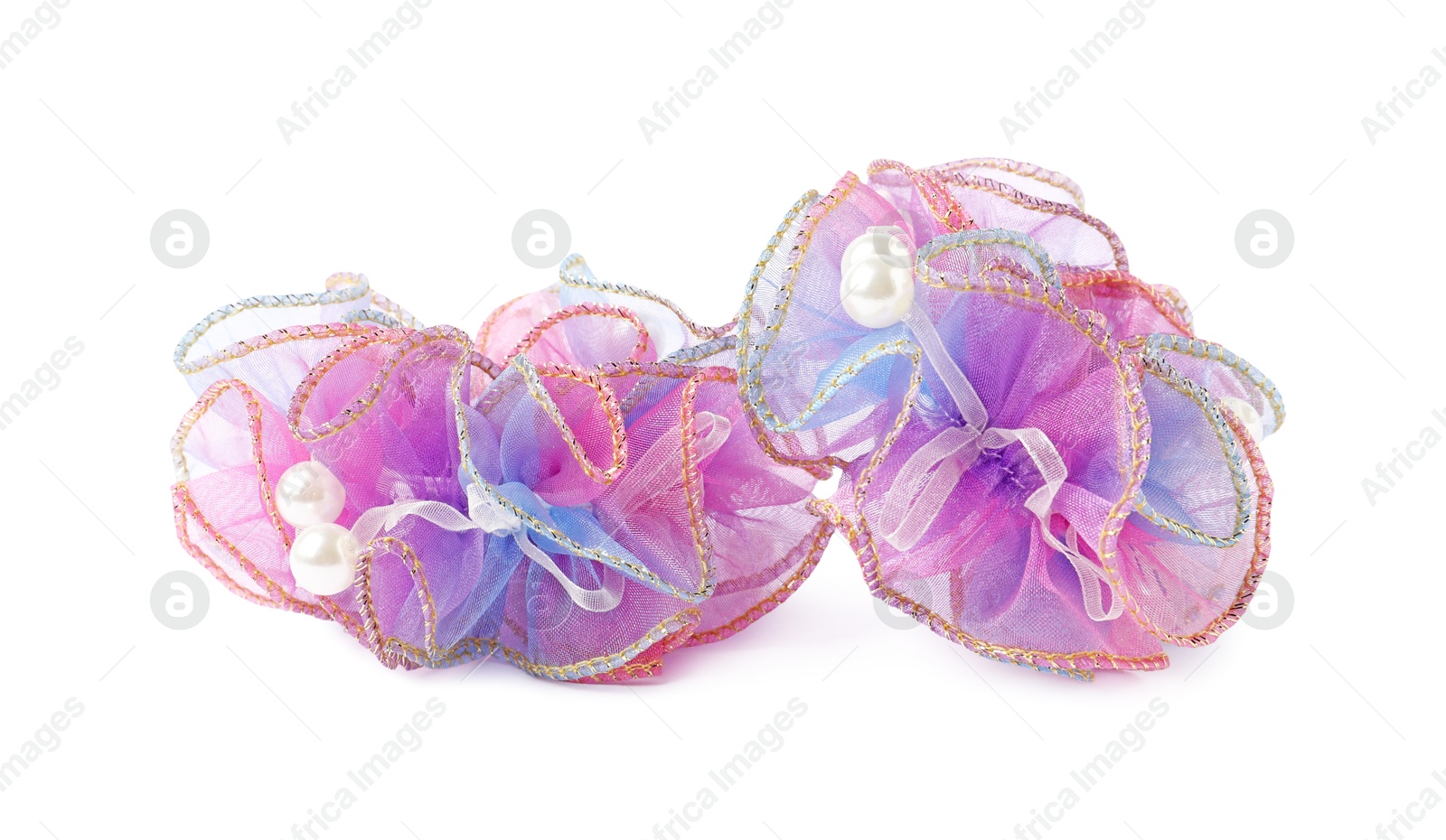 Photo of Two beautiful colorful hair scrunchies isolated on white