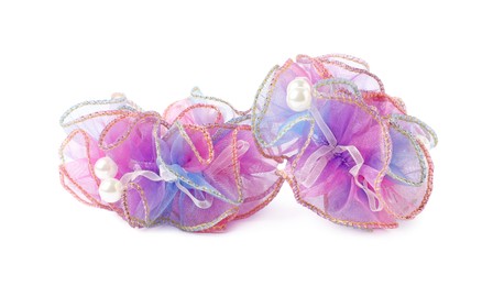 Photo of Two beautiful colorful hair scrunchies isolated on white