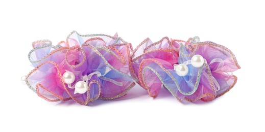 Photo of Two beautiful colorful hair scrunchies isolated on white