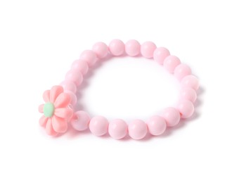 Photo of One pink hair tie with flower isolated on white