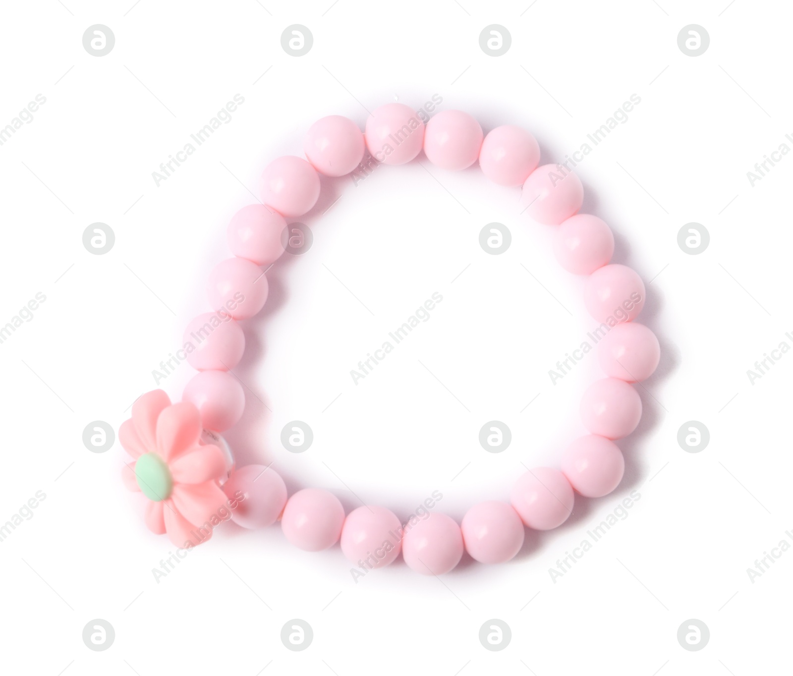 Photo of One pink hair tie with flower isolated on white, top view