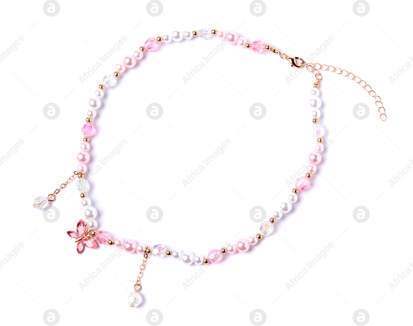 Photo of Cute necklace isolated on white, top view. Child's accessory