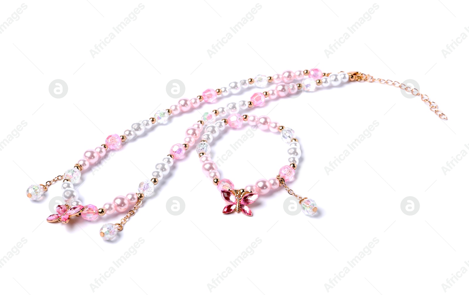 Photo of Cute necklace isolated on white. Child's accessory