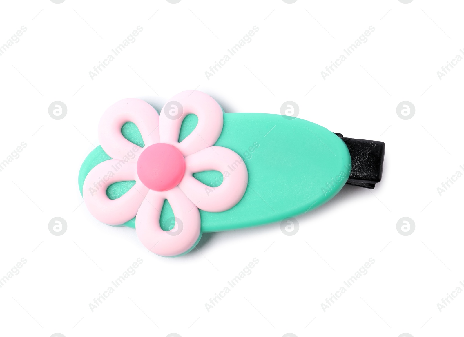 Photo of Cute hair clip with flower isolated on white, top view