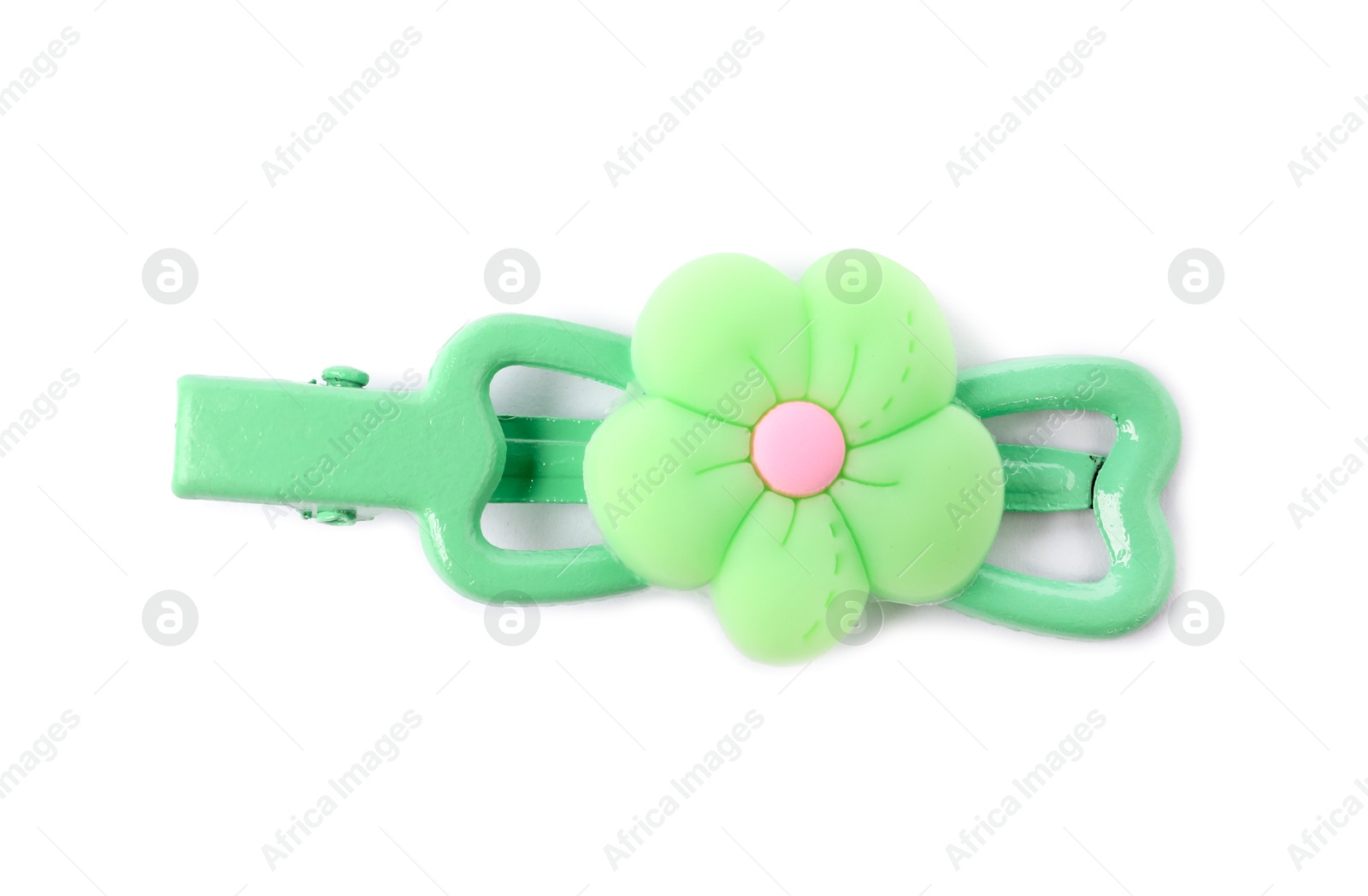 Photo of Cute hair clip with flower isolated on white, top view