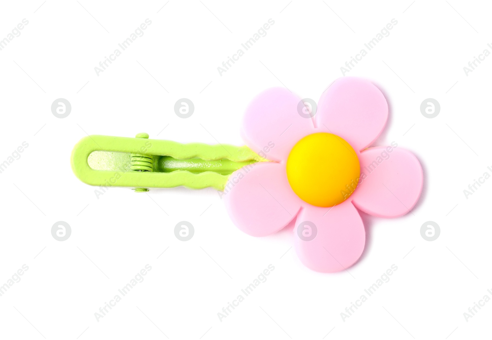 Photo of Cute hair clip with flower isolated on white, top view