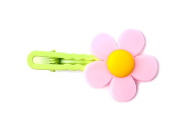 Photo of Cute hair clip with flower isolated on white, top view