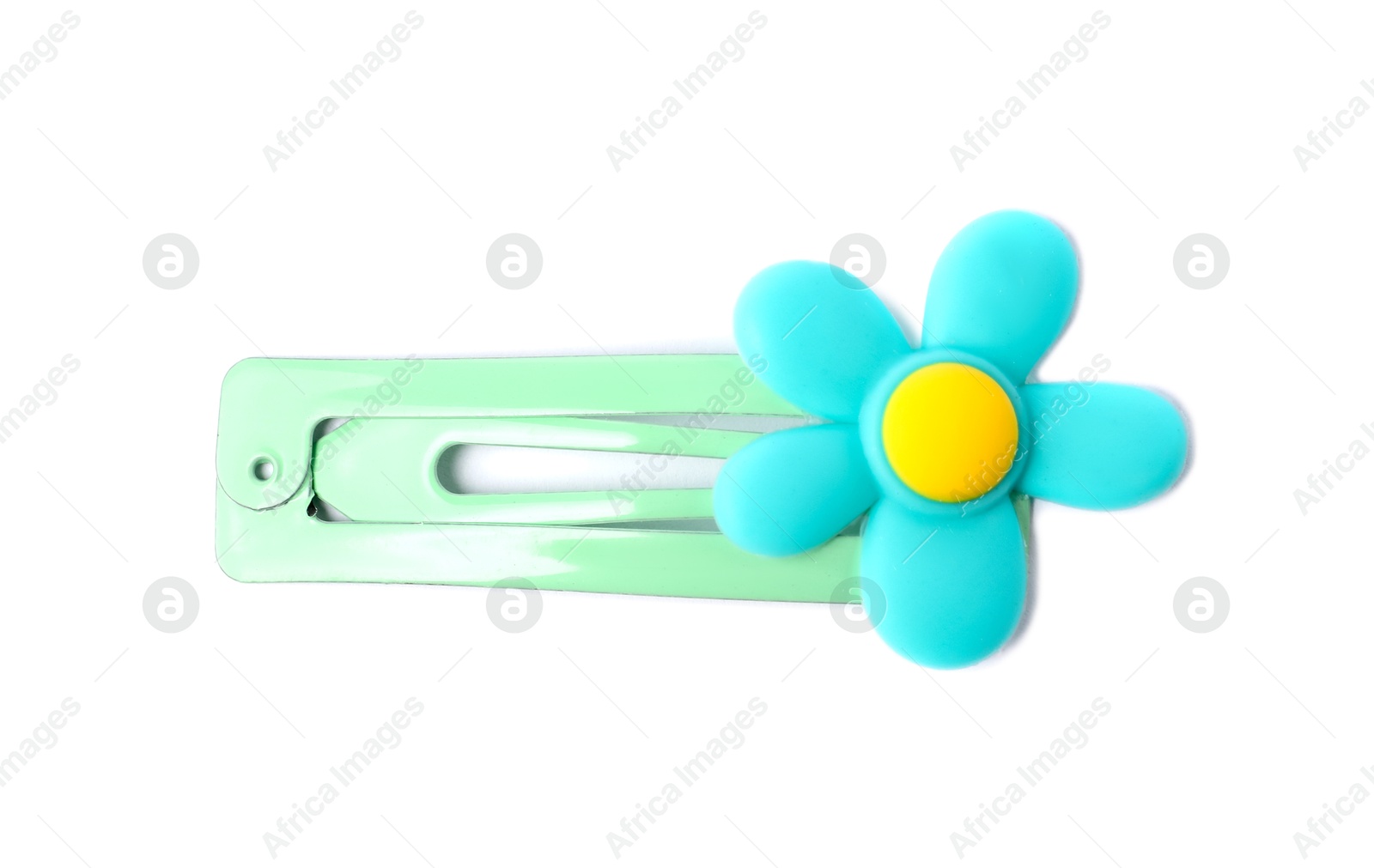 Photo of Cute hair clip with flower isolated on white, top view