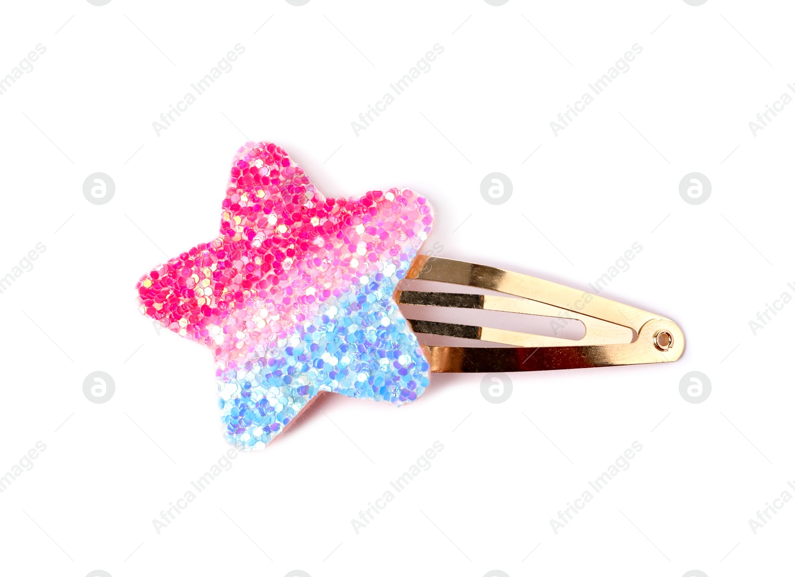 Photo of Cute hair clip with star isolated on white, top view