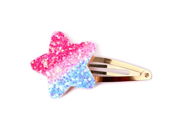 Photo of Cute hair clip with star isolated on white, top view