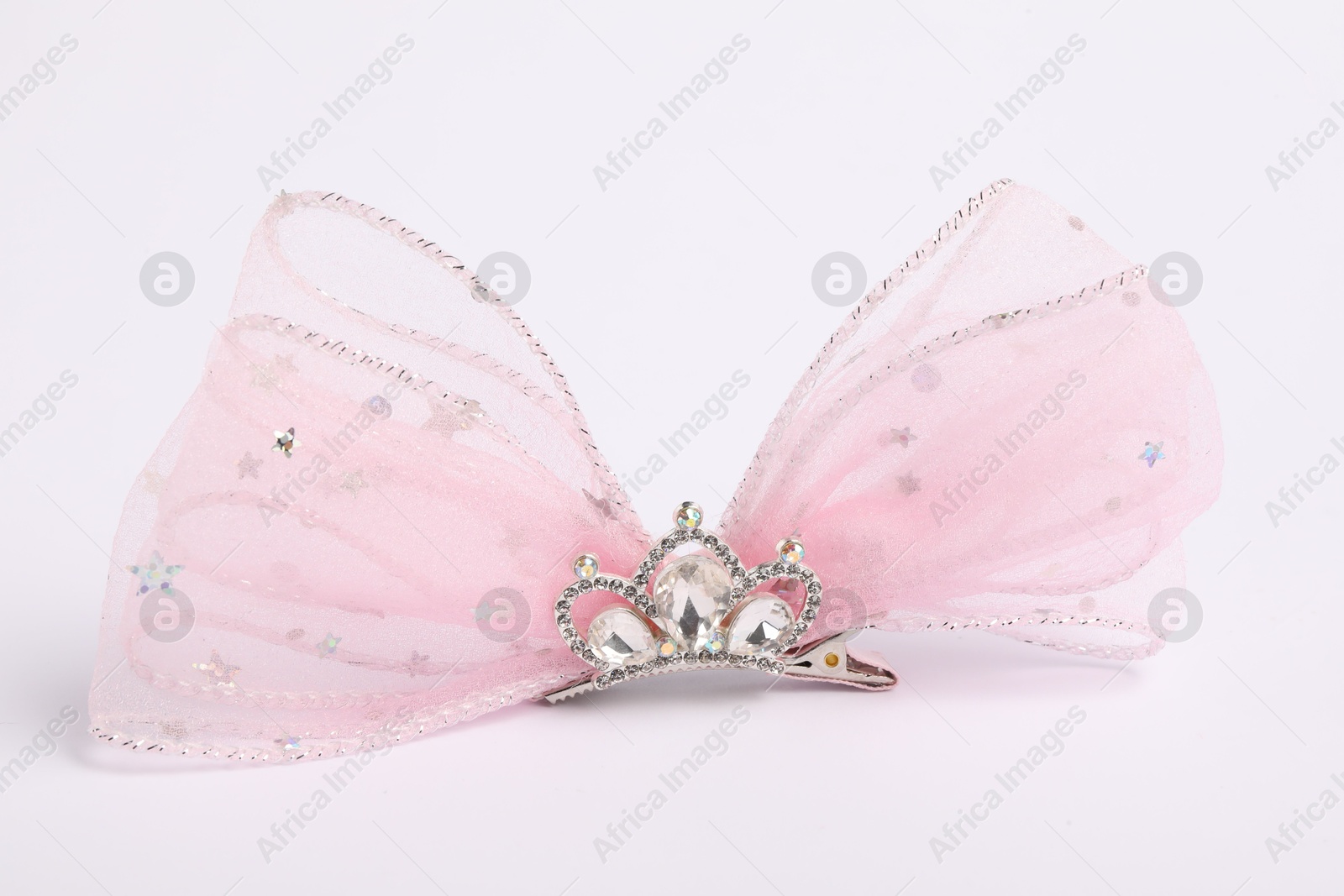 Photo of Cute hair clip with bow and diadem on white background