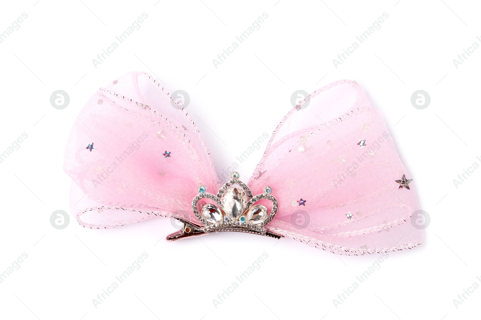 Photo of Cute hair clip with bow and diadem isolated on white, top view