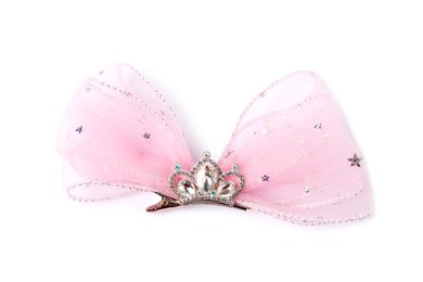 Photo of Cute hair clip with bow and diadem isolated on white, top view