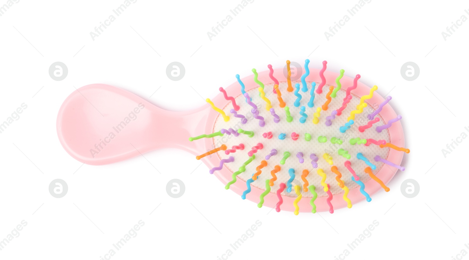 Photo of One colorful hair brush isolated on white, top view