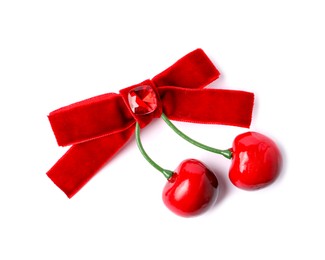 Photo of Beautiful hair bow with cherries isolated on white, top view