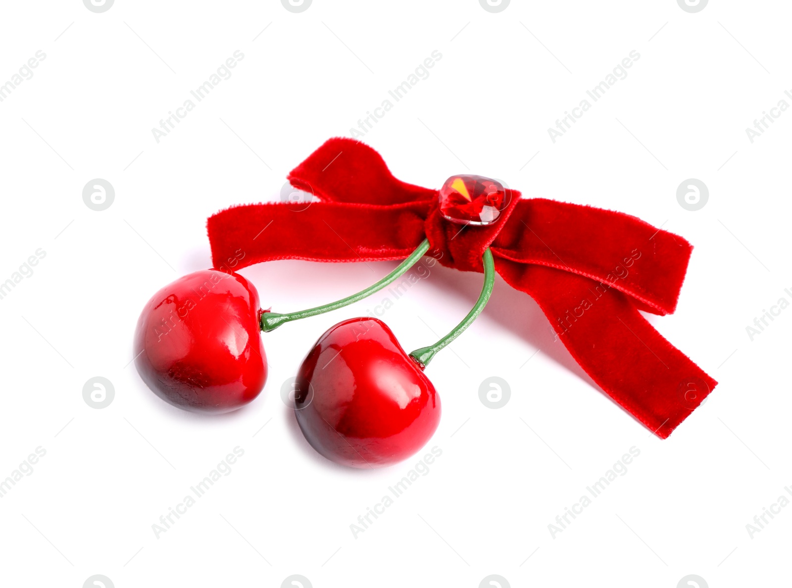 Photo of Beautiful hair bow with cherries isolated on white