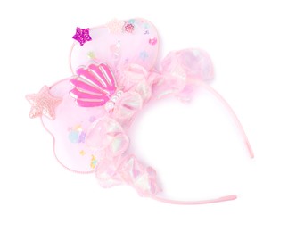 Photo of Cute pink headband isolated on white, top view. Hair accessory