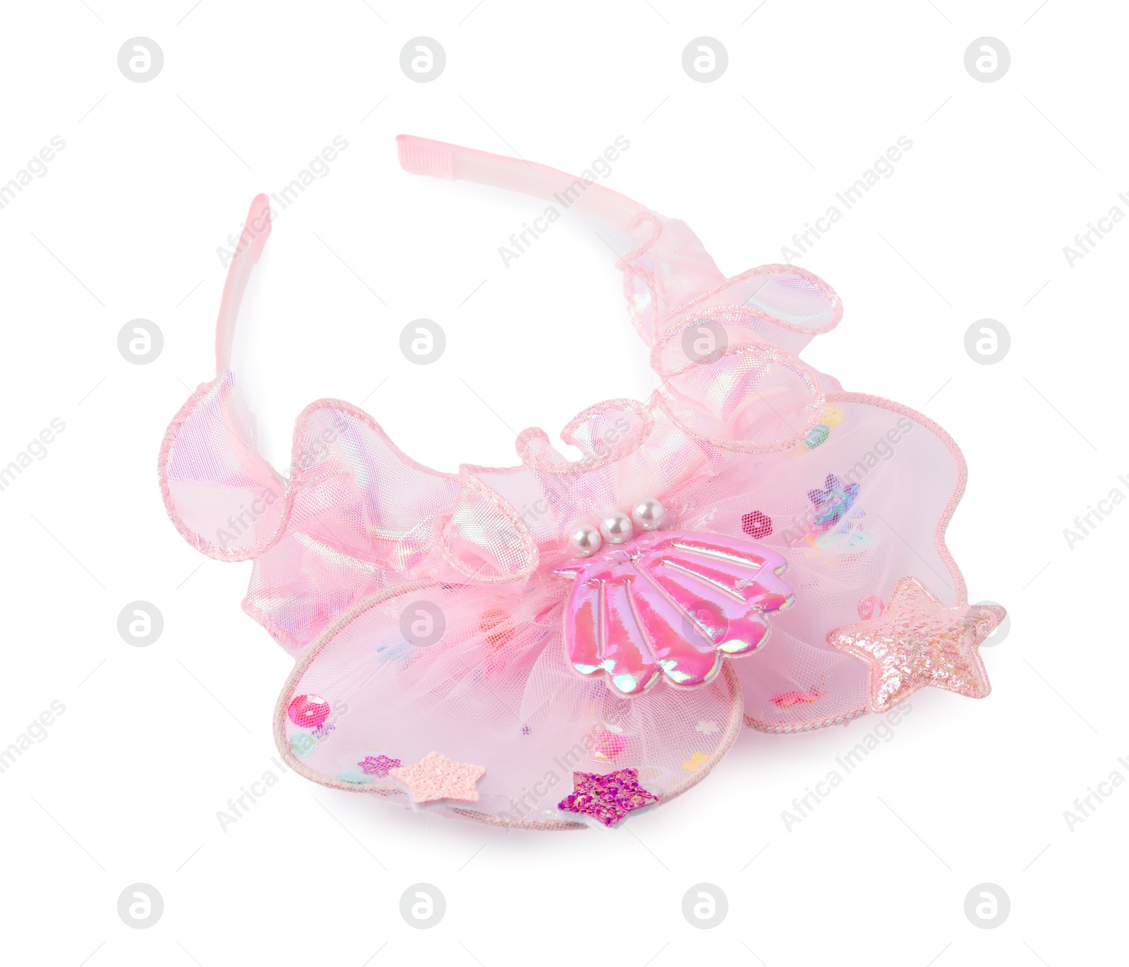 Photo of Cute pink headband isolated on white. Hair accessory