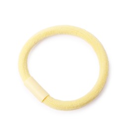 Photo of One yellow hair tie isolated on white, top view