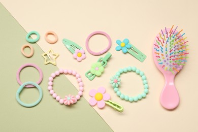 Photo of Cute hair accessories on color background, flat lay