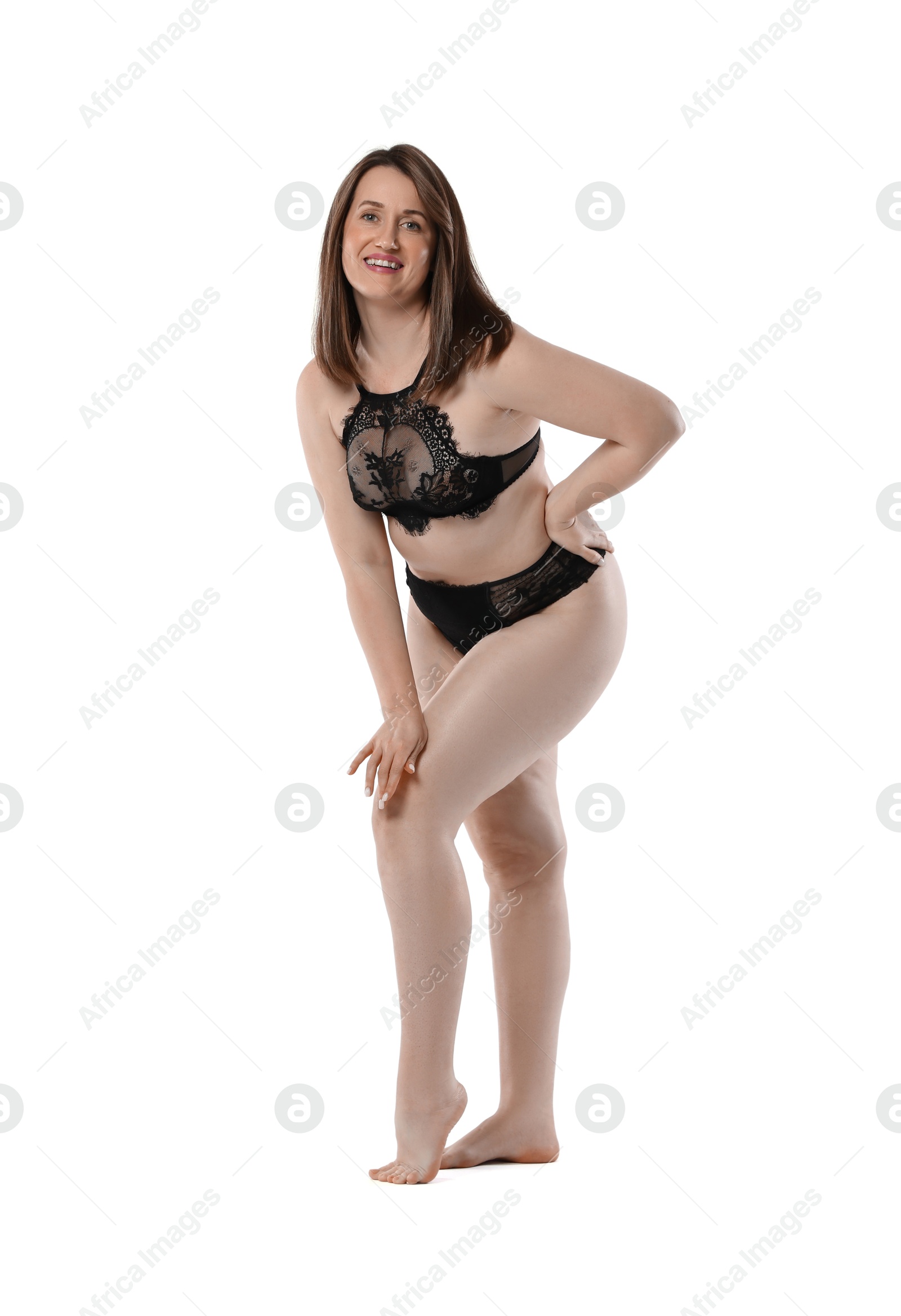 Photo of Woman in underwear on white background. Cellulite problem